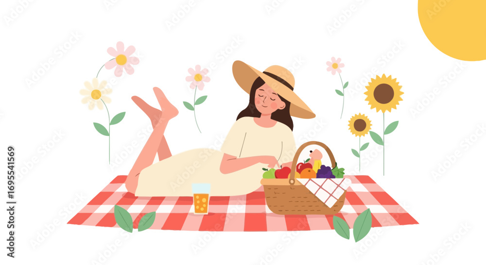 Obraz premium Relaxed Woman Enjoying A Picnic Beneath The Sunny Sky With Fruits Flowers And Comfort