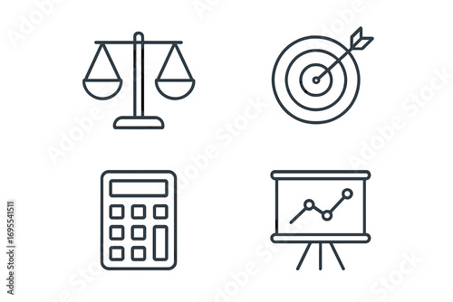 Scales balance law symbol target bullseye arrow calculator finance accounting diagram business growth chart presentation line icons set editable stroke minimalistic vector