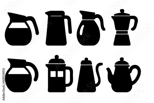Coffee pot silhouette icons. Vector collection of various kitchenware shapes. Black kettle, carafe, moka pot, french press, pitcher and jug isolated illustrations set.
