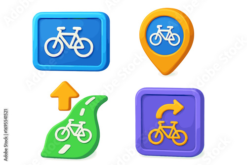 Set of 3D bicycle navigation icons for apps. Vector cycling symbols for bike path, route, location pin and rental service. Modern transport UI UX graphic elements collection.