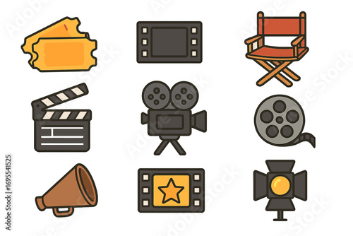 Movie production and cinema icon set. Filmmaking and entertainment industry graphic elements. Vector signs: ticket, clapperboard, director chair, camera, reel, megaphone, spotlight.