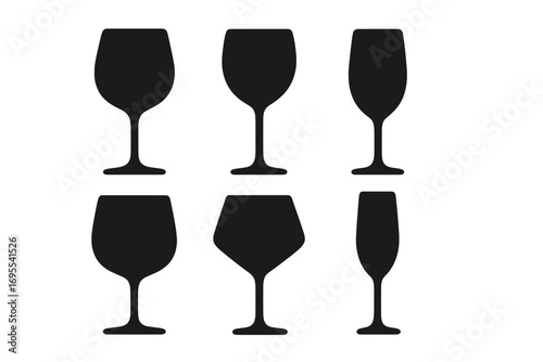 Silhouette wine glass icons set in various shapes and styles, vector cartoon illustration with transparent background, elegant glassware symbols collection, ordered arrangement