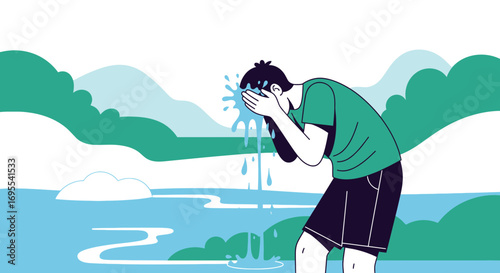 A person washing their face outdoors with water splashes in a natural environment scene