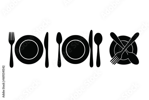 Dining etiquette icon set with cutlery arrangements for a formal meal. Vector silhouette of table setting rules with fork, knife, spoon, and plate. Finished meal signal.