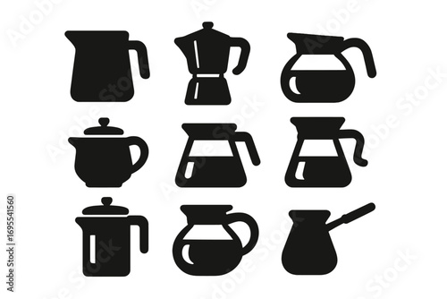 Coffee pot icon set. Vector silhouette collection of various coffee makers like moka pot, french press, cezve, carafe, and kettle. Barista equipment for cafe menu or logo.