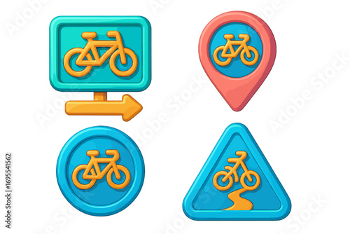 Set of 3d bicycle path and cycling route icons for navigation app. Vector cartoon bike signs for GPS map. Includes pointer, direction arrow, and trail symbol for UI design.