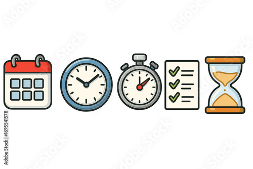 Time management icons set with calendar, wall clock, stopwatch, task checklist, and hourglass. Vector cartoon illustration, productivity symbols, scheduling, planning, deadline concepts