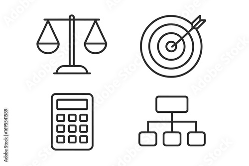 Minimalistic business outline icons set with scales, target, calculator, and diagram symbols. Editable stroke linear pictograms for apps, cards, web design, banners, and presentations.
