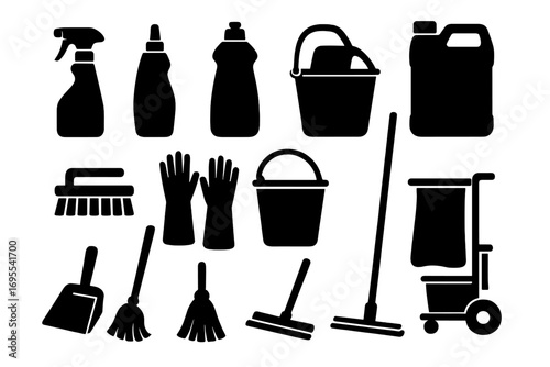 Silhouette icons of essential cleaning supplies and tools for home and industrial use, vector set with bucket, mop, gloves, brush, spray bottles, and cleaning cart, isolated
