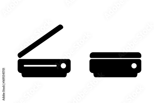 Scanner icon set. Open and closed scanner silhouette. Vector illustration of office equipment for scanning documents. Flat minimalist design for web and print. Copy machine.