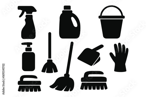 Silhouette vector icons of essential cleaning supplies and tools for home and industry, mop, broom, spray bottle, detergent, dustpan, bucket, gloves, scrub brushes, hygiene set