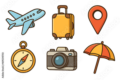 Travel icon set with airplane, luggage, location pin, compass, camera, beach umbrella, colorful cartoon vector illustration, transparent background, ordered icons for tourism and vacation themes