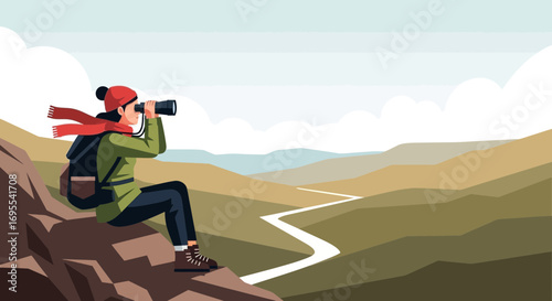 A person with binoculars exploring mountainous terrain and enjoying the outdoors