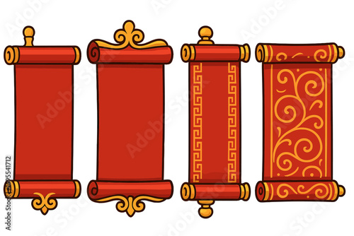 Traditional red scrolls with golden accents, ornamental borders, vintage Asian style decorative elements, elegant rolled paper banners, festive vector illustration set