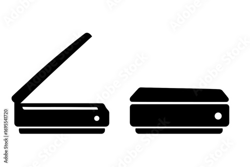 Scanner silhouette icon set. Open and closed flatbed scanner for document scanning and copying. Office equipment vector illustration. Minimalist digital device pictogram design.