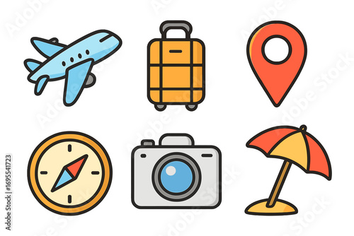 Travel icon set with airplane, luggage, location pin, compass, camera, and beach umbrella. Cartoon vector illustration for tourism, vacation, navigation, and adventure concepts.