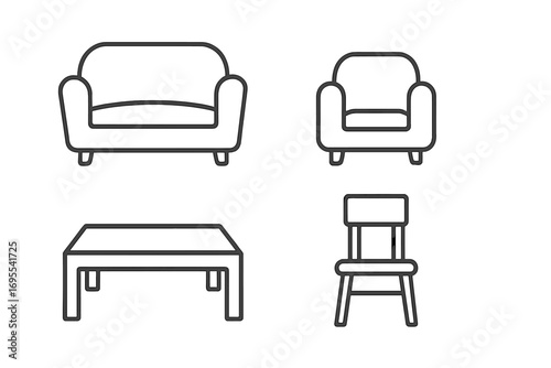 Set of Minimalistic Line Icons of Couch, Sofa, Table, Chair, Editable Stroke, Linear Pictogram for Modern Card, App, Banner, Post Design, Vector Cartoon Illustration