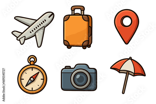 Travel icon set with airplane luggage location pin compass camera and beach umbrella. Cartoon vector illustration for vacation tourism navigation adventure journey summer holiday trip concepts