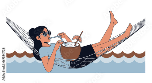 Relaxed Woman Enjoying Coconut Drink on a Hammock Near the Ocean in a Sunny Day