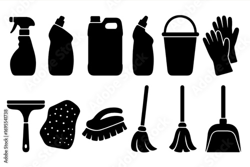 Silhouette icons of essential cleaning supplies, detergents, gloves, bucket, sponge, brushes, broom and dustpan for home and industrial cleaning, vector illustration