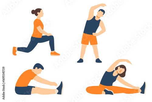 Stretching exercise poses set. Man and woman characters doing fitness workout for flexibility and wellness. Yoga, warm-up, cool-down routine. Flat design vector cartoon.
