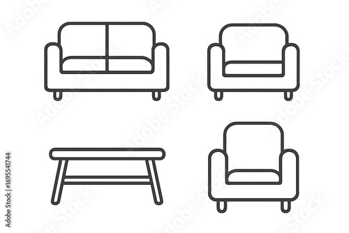 Minimalistic linear icons set of couch, sofa, chair, and table. Editable stroke vector illustration for interior design, furniture concept, app, card, banner, post design.