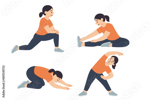 Woman doing stretching & flexibility exercises. Set of fitness poses for warm-up, workout, cool-down, yoga, pilates. Healthy lifestyle. Flat vector cartoon character illustration.