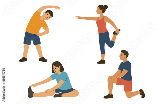 Fitness stretching poses for exercise routines and flexibility workouts. Man and woman character set for warm-up or cool-down. Flat vector cartoon illustration collection.