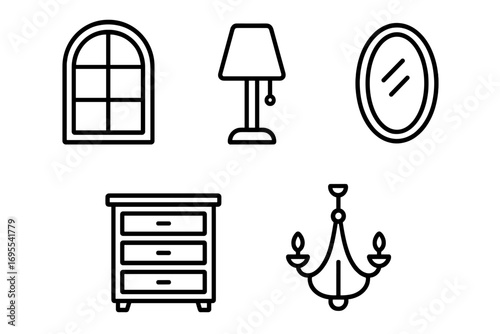 Elegant window, lamp, mirror, dresser, chandelier line icons set for web design, apps, books, cards, editable stroke, modern home decor symbols vector