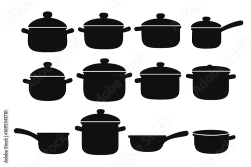 Kitchen cookware vector collection. Set of pot and pan silhouettes. Cooking equipment and kitchenware icons. Utensil, saucepan, and casserole shapes for graphic design.