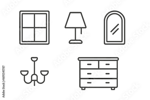 Window lamp mirror dresser chandelier simple line icons collection editable stroke isolated vector cartoon for websites books cards apps design elements