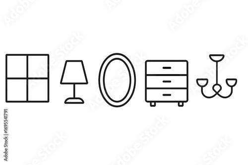 Simple isolated line icons set of window, lamp, mirror, dresser, chandelier. Editable stroke vector collection for web, apps, cards, books, interior design, home decor elements