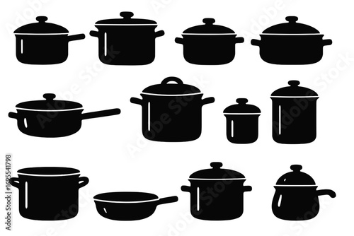 Kitchen cookware set silhouette vector collection. Pots, pans, saucepan, casserole icons. Cooking utensil & kitchenware design elements. Culinary graphic resources.