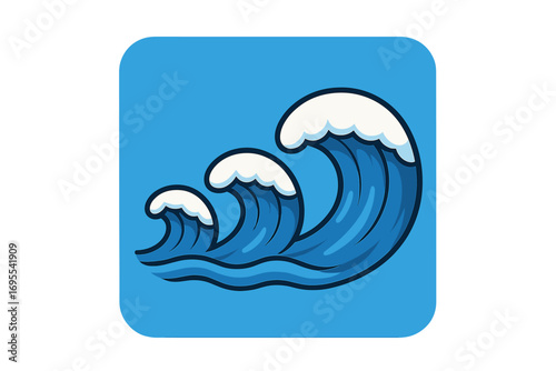 Stylized ocean waves icon set with curling blue waves and white foam, cartoon vector illustration of sea waves on bright blue background, marine and water design elements