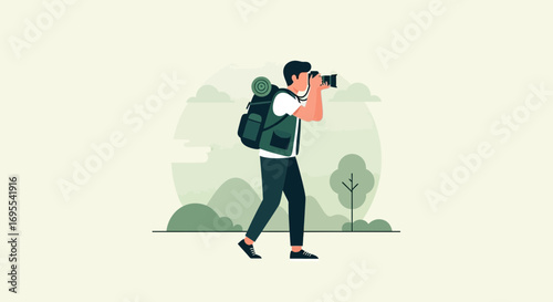 A Photographer Capturing Scenic Views with a Backpack in a Nature Illustration