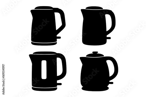 Electric kettle silhouette set. Vector collection of modern kitchen appliances for boiling water. Teapot icons for hot drinks like tea and coffee. Simple black graphic illustration.