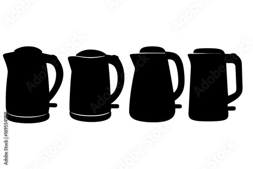 Set of electric kettle silhouettes. Collection of modern kitchen appliance icons. Vector illustration of water boilers for hot drinks, tea, and coffee. Household equipment.