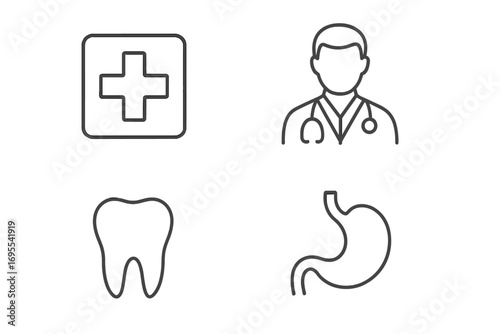 Minimalistic set of linear medical icons including medical cross, doctor with stethoscope, tooth symbol, stomach internal organs, clinic healthcare editable stroke design for apps and banners