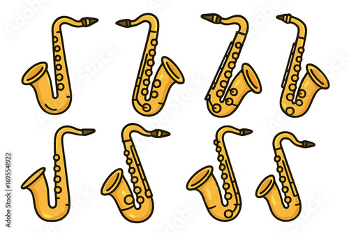 Set of eight colorful saxophone illustrations in modern cartoon style, vector music instruments with transparent background, ordered collection of jazz saxophones, playful design for music projects