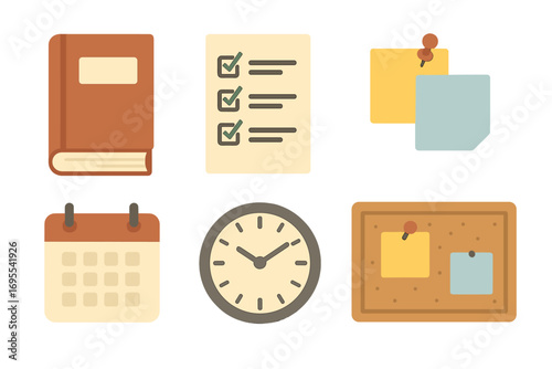 Flat design office supplies icon set. Vector collection of book, checklist, sticky notes, calendar, clock, and bulletin board for business productivity, planning, and organization.