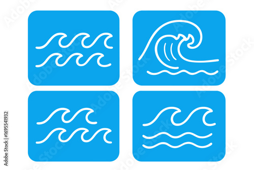 Set of ocean wave icons with blue background, stylized cartoon vector illustrations showing different wave shapes and sea movement symbols, water nature elements design