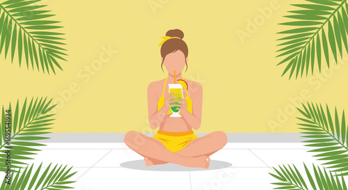 Relaxed Woman Enjoying Tropical Drink in a Sunny Environment during Summer Vacation
