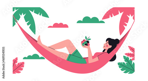 Relaxed Woman Enjoying Tropical Fruits While Lounging in a Hammock Under Palm Trees