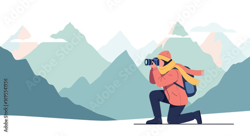 A Photographer Capturing the Majestic Snowy Mountains and the Serene Landscape