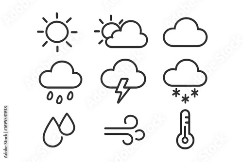Weather icons set in linear style vector, cartoon illustration with transparent background, including sun, clouds, rain, storm, snow, wind, temperature symbols, weather forecast elements