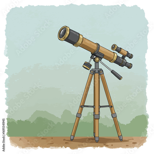 Beautiful watercolor flat design illustration of a vintage telescope on a wooden tripod, set against a soft blue and green background, ideal for exploration themes.