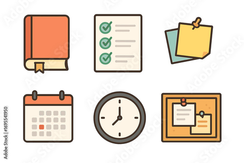 Flat design office icon set. Concepts of business, planning, time management, productivity. Vector collection of book, checklist, calendar, clock, sticky notes, bulletin board.