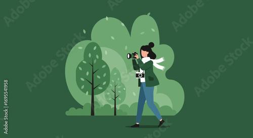 A photographer taking pictures in a park, green illustration of nature, photography concept