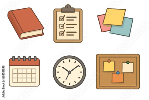 Vector icon set of office supplies. Flat cartoon book, clipboard checklist, sticky notes, calendar, clock, bulletin board for business planning, study and time management concept.