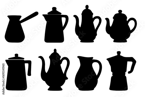 Vector silhouette set of traditional coffee pots. Collection includes moka pot, cezve, kettle, and teapot icons. Black isolated illustration for cafe, beverage, and brewing concepts.